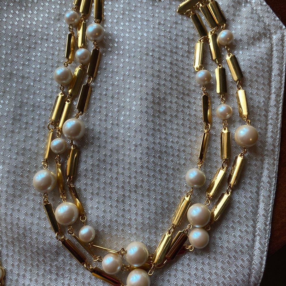 Monet gold and pearl necklace, 3 strands can adjust length.